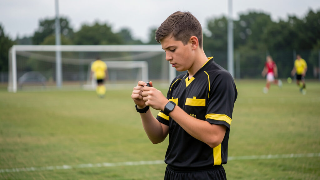 Jeune arbitre sportif en tenue noire et jaune examinant son sifflet sur un terrain de football amateur avant le d&eacute;but d&rsquo;un match.