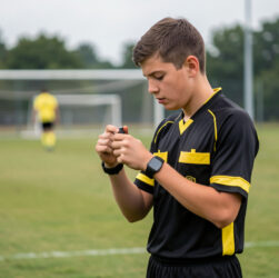 Jeune arbitre sportif en tenue noire et jaune examinant son sifflet sur un terrain de football amateur avant le début d’un match.