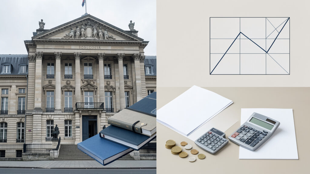Illustration sobre d&rsquo;un palais de justice fran&ccedil;ais entour&eacute; de dossiers financiers vierges et de graphiques comptables abstraits.