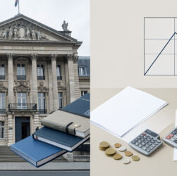 Illustration sobre d’un palais de justice français entouré de dossiers financiers vierges et de graphiques comptables abstraits.