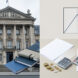 Illustration sobre d’un palais de justice français entouré de dossiers financiers vierges et de graphiques comptables abstraits.