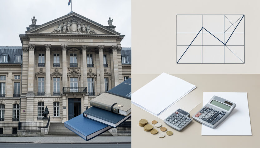 Illustration sobre d’un palais de justice français entouré de dossiers financiers vierges et de graphiques comptables abstraits.