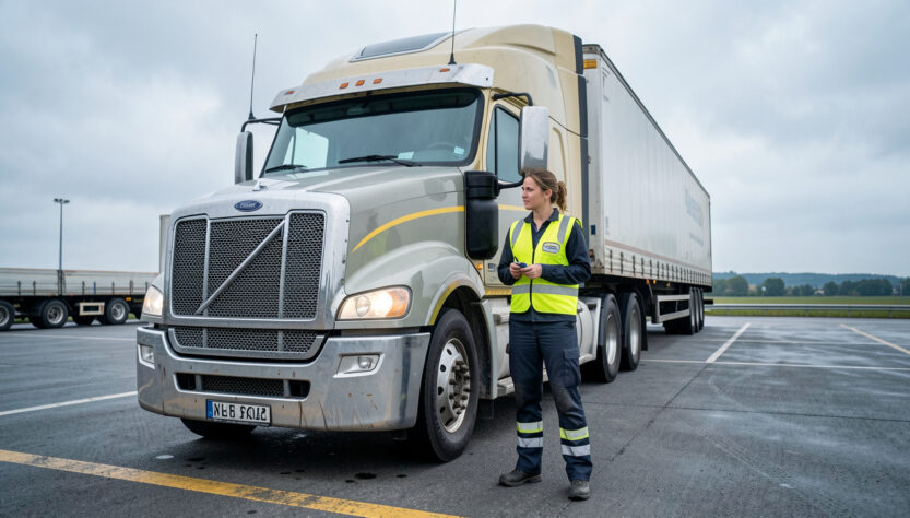 Conductrice routière en gilet de sécurité à côté d’un camion poids lourd sur une plateforme logistique du Grand Est.