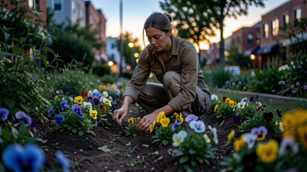 Une femme en tenue de travail plante d&eacute;licatement des pens&eacute;es dans une bordure d&rsquo;un jardin urbain &agrave; la fin de l&rsquo;&eacute;t&eacute;, au cr&eacute;puscule.