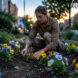 Une femme en tenue de travail plante délicatement des pensées dans une bordure d’un jardin urbain à la fin de l’été, au crépuscule.