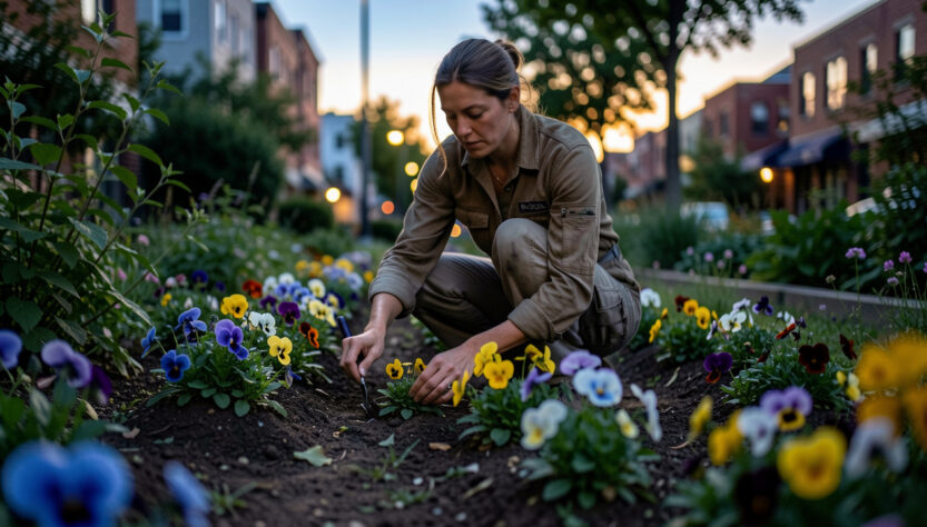 Une femme en tenue de travail plante délicatement des pensées dans une bordure d’un jardin urbain à la fin de l’été, au crépuscule.