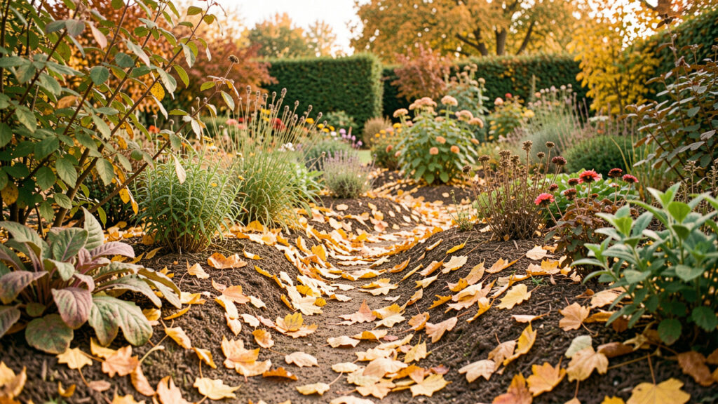 Jardin familial en octobre, avec des feuilles mortes dor&eacute;es utilis&eacute;es comme paillage autour des massifs sous une douce lumi&egrave;re automnale.