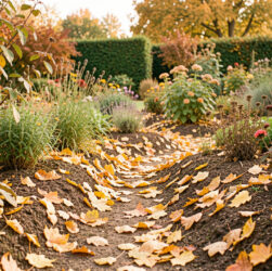 Jardin familial en octobre, avec des feuilles mortes dorées utilisées comme paillage autour des massifs sous une douce lumière automnale.