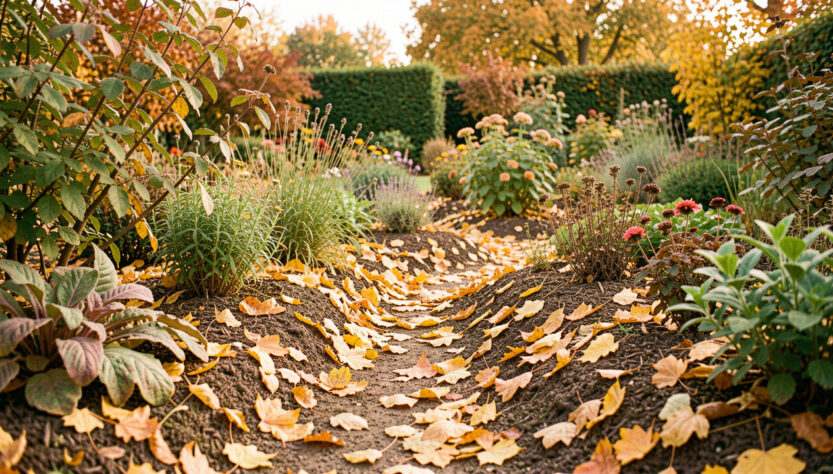 Jardin familial en octobre, avec des feuilles mortes dorées utilisées comme paillage autour des massifs sous une douce lumière automnale.