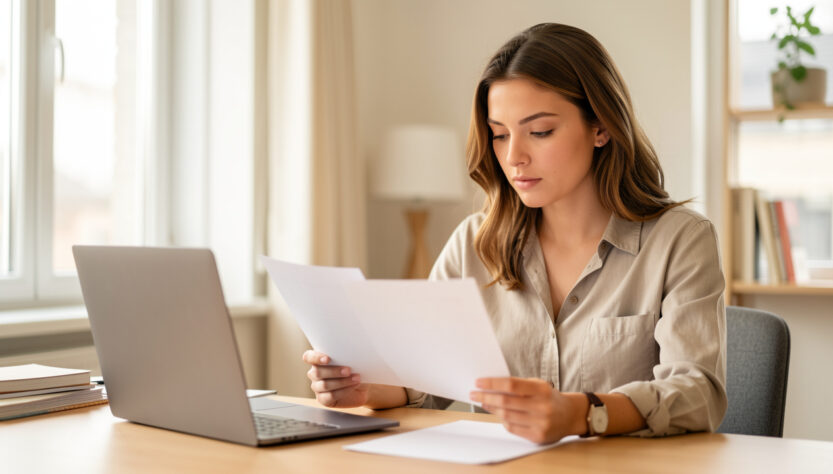 Jeune diplômée concentrée dans un espace de travail lumineux, consultant des documents vierges à côté d’un ordinateur portable.