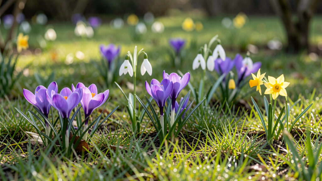 Pelouse de jardin au d&eacute;but du printemps, parsem&eacute;e de crocus violets, de perce-neige blancs et de petits narcisses jaunes sous une douce lumi&egrave;re matinale.