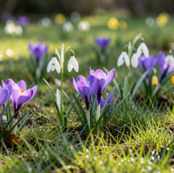 Pelouse de jardin au début du printemps, parsemée de crocus violets, de perce-neige blancs et de petits narcisses jaunes sous une douce lumière matinale.
