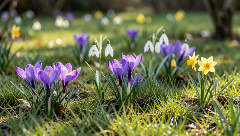 Pelouse de jardin au début du printemps, parsemée de crocus violets, de perce-neige blancs et de petits narcisses jaunes sous une douce lumière matinale.