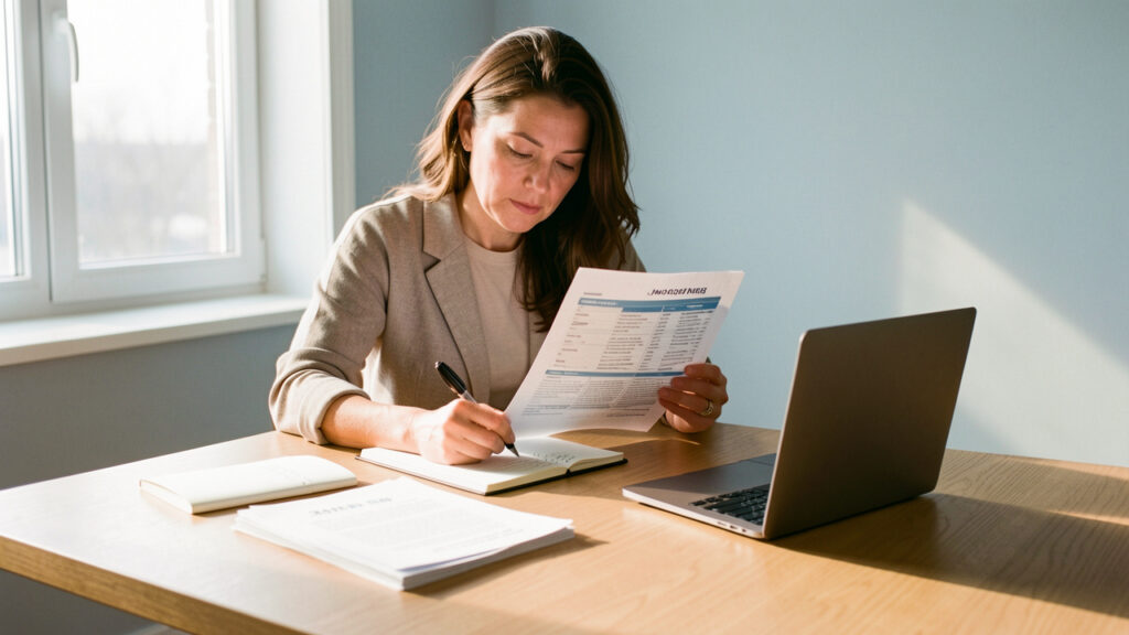 Femme adulte consultant un ordinateur et des documents vierges li&eacute;s &agrave; une reconversion professionnelle, avec un carnet de notes sur un bureau dans un espace de travail lumineux.