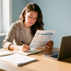 Femme adulte consultant un ordinateur et des documents vierges liés à une reconversion professionnelle, avec un carnet de notes sur un bureau dans un espace de travail lumineux.