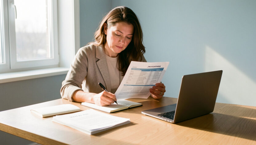 Femme adulte consultant un ordinateur et des documents vierges liés à une reconversion professionnelle, avec un carnet de notes sur un bureau dans un espace de travail lumineux.