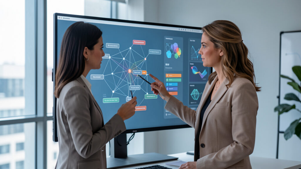 Une salari&eacute;e analyse une carte visuelle abstraite de t&acirc;ches professionnelles sur un &eacute;cran, dans un bureau moderne avec une interface d&rsquo;intelligence artificielle discr&egrave;te.