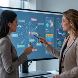 Une salariée analyse une carte visuelle abstraite de tâches professionnelles sur un écran, dans un bureau moderne avec une interface d’intelligence artificielle discrète.