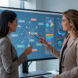 Une salariée analyse une carte visuelle abstraite de tâches professionnelles sur un écran, dans un bureau moderne avec une interface d’intelligence artificielle discrète.