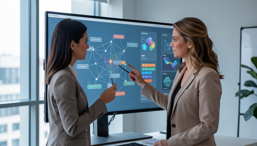 Une salariée analyse une carte visuelle abstraite de tâches professionnelles sur un écran, dans un bureau moderne avec une interface d’intelligence artificielle discrète.