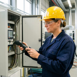 Une technicienne de maintenance en tenue de travail contrôle une armoire électrique ouverte dans un atelier industriel moderne, avec des machines automatisées en arrière-plan et une lumière naturelle.