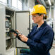 Une technicienne de maintenance en tenue de travail contrôle une armoire électrique ouverte dans un atelier industriel moderne, avec des machines automatisées en arrière-plan et une lumière naturelle.
