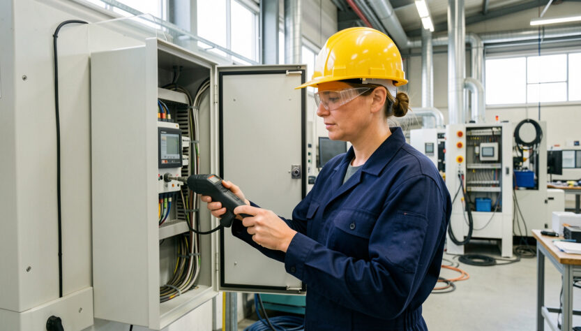 Une technicienne de maintenance en tenue de travail contrôle une armoire électrique ouverte dans un atelier industriel moderne, avec des machines automatisées en arrière-plan et une lumière naturelle.