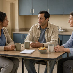 Deux femmes et un homme discutent calmement autour d’une table dans une salle de pause professionnelle sobre, avec des visages non identifiables.