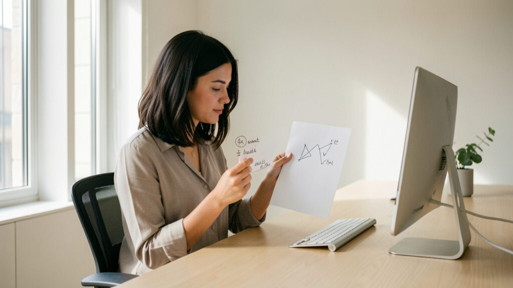 Jeune professionnelle assise dans un bureau moderne, comparant deux documents pr&egrave;s de son ordinateur sous une lumi&egrave;re naturelle.