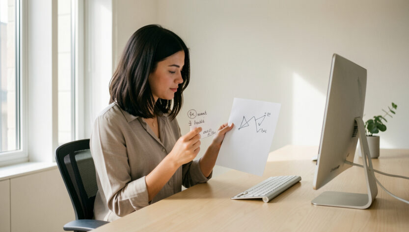 Jeune professionnelle assise dans un bureau moderne, comparant deux documents près de son ordinateur sous une lumière naturelle.