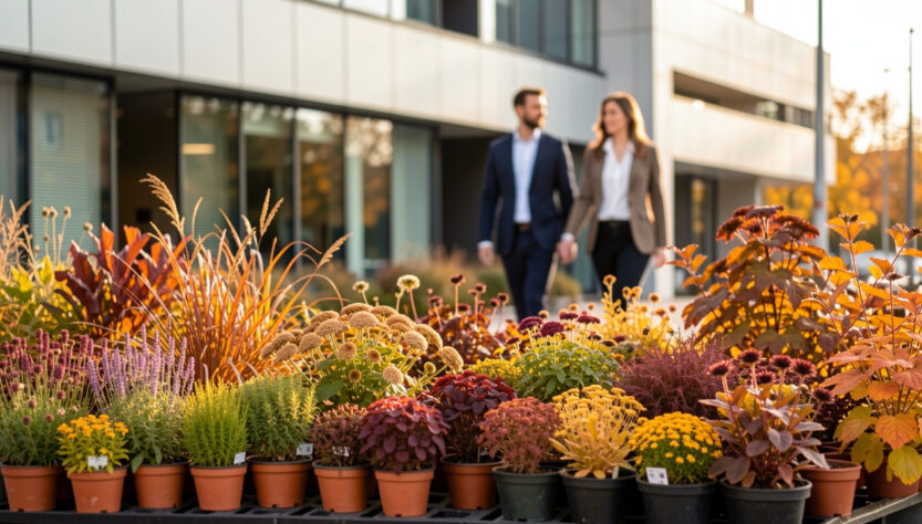Massif fleuri composé de vivaces en godets devant un bâtiment d’entreprise moderne, avec des employés flous en arrière-plan sous une douce lumière d’octobre.