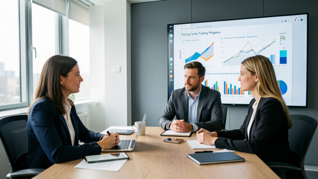 R&eacute;union professionnelle entre une responsable RH, un manager et une salari&eacute;e devant un tableau de bord visuel consacr&eacute; &agrave; la formation.