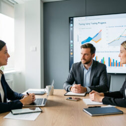 Réunion professionnelle entre une responsable RH, un manager et une salariée devant un tableau de bord visuel consacré à la formation.