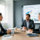 Réunion professionnelle entre une responsable RH, un manager et une salariée devant un tableau de bord visuel consacré à la formation.