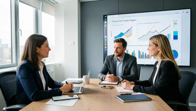 Réunion professionnelle entre une responsable RH, un manager et une salariée devant un tableau de bord visuel consacré à la formation.